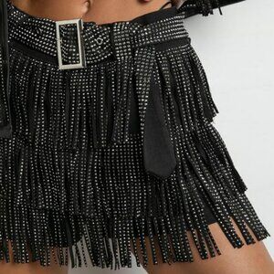 Nylon Apparel Rhinestone Fringe Mini Skort with Belt NWT Small